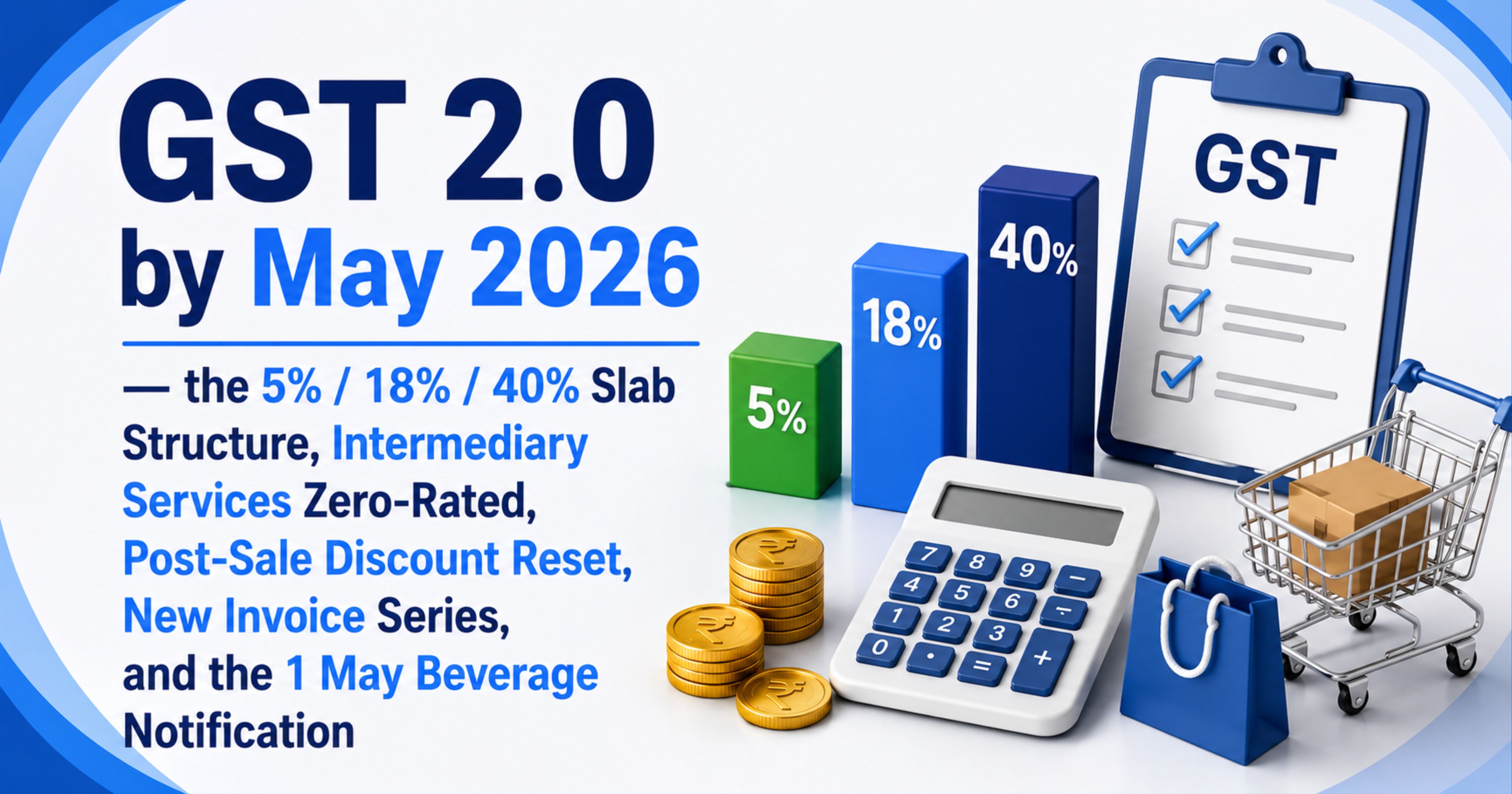 GST 2.0 by May 2026 — the 5% / 18% / 40% Slab Structure, Intermediary Services Zero-Rated, Post-Sale Discount Reset, New Invoice Series, and the 1 May Beverage Notification