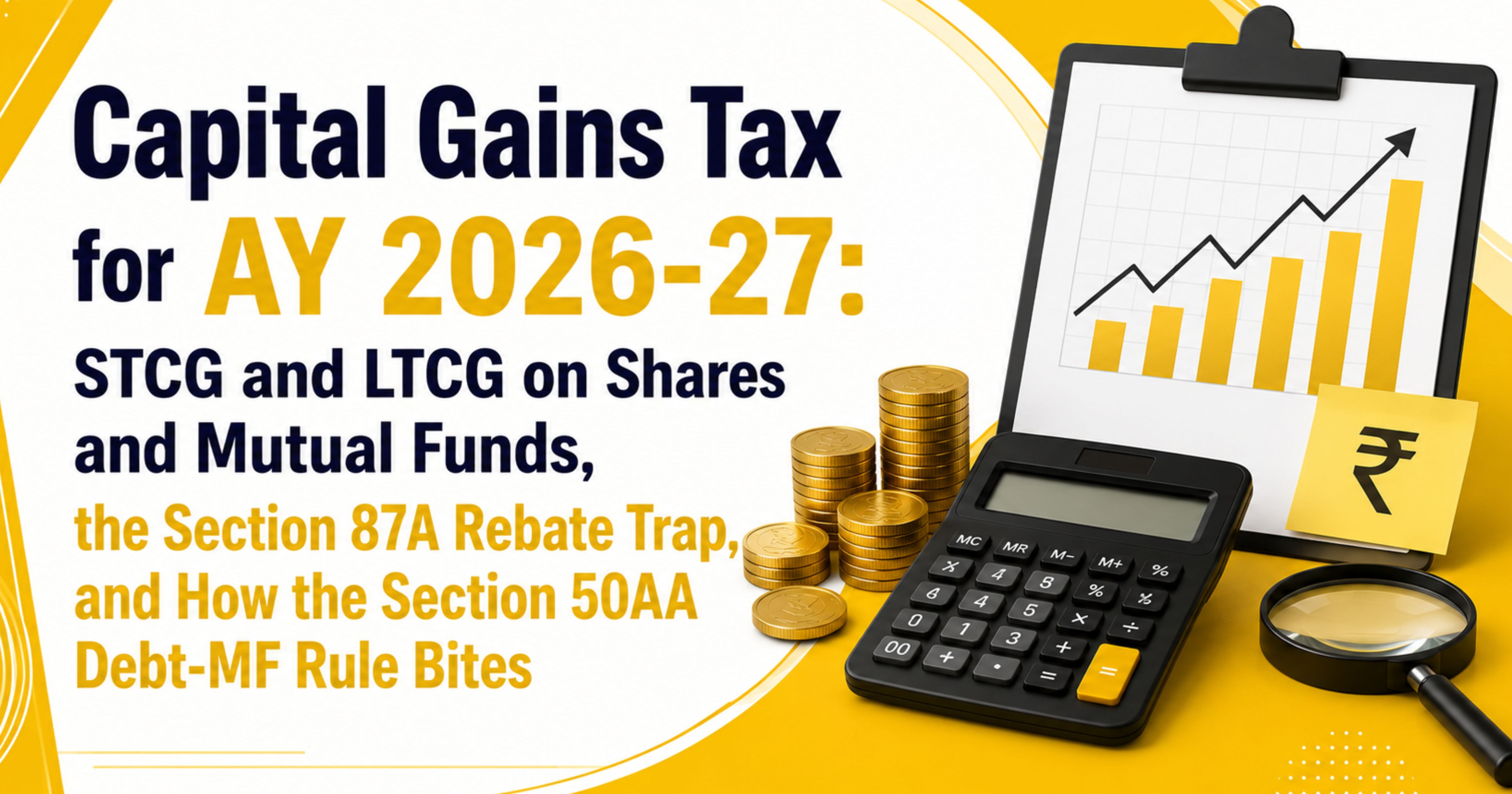 Capital Gains Tax for AY 2026-27: STCG and LTCG on Shares and Mutual Funds, the Section 87A Rebate Trap, and How the Section 50AA Debt-MF Rule Bites
