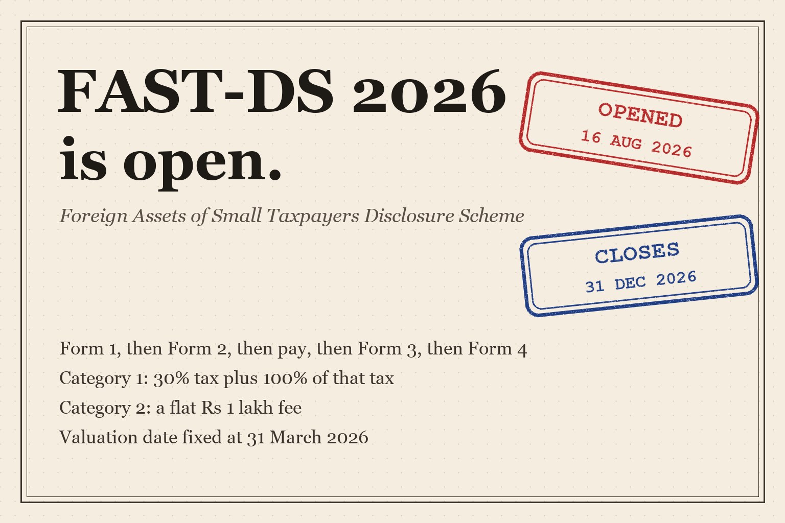 FAST-DS 2026 Is Open: Form 1 by 31 December, Valuation Frozen at 31 March 2026, and the Bank-Account Rule That Changes the Arithmetic